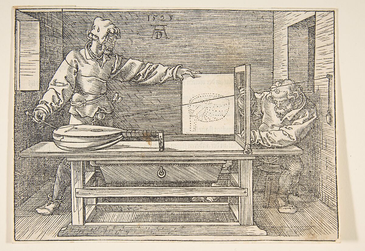 Two draughtsmen use a frame and sighting apparatus to translate the shape of a lute into a measured drawing.